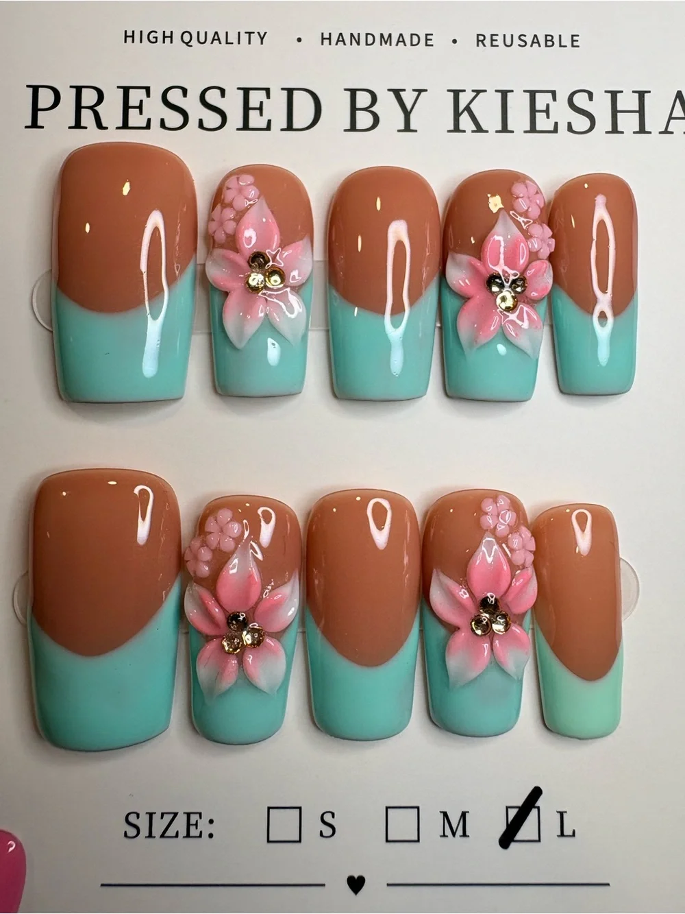 Brown & Mint Floral Press-On Nails